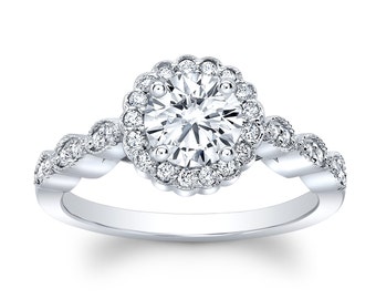 Ladies 14k white gold antique engagement ring with 1 carat Round Brilliant White Sapphire and 0.25 ctw diamonds