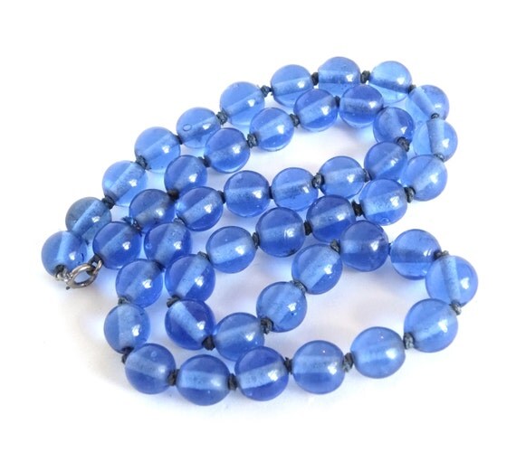 Vintage Cobalt Blue Glass Bead Necklace Long by SellitAgainVintage