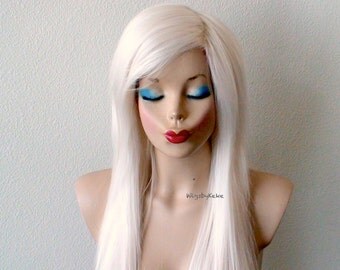 White Blonde wig. Long straight volume hair with long side bangs wig. Durable heat friendly wig for daily use or Cosplay.