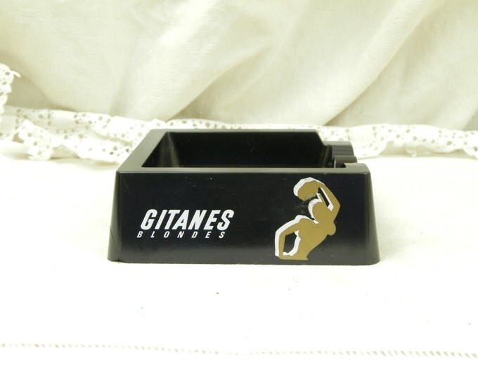 Vintage French Black Melamine Bistro Gitanes Blondes Cigarette Ashtray, Retro Collectible Promotional Tobacciana Ash Tray from France,