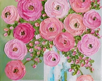 Custom Original Ranunculus Impasto Painting, Cottage Chic Painting,Impasto Floral painting
