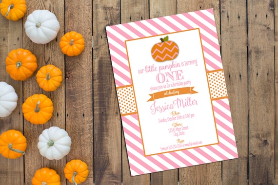 Little Pumpkin Birthday Party Invitation - Fall Birthday Party - Pink and Orange Stripes - Printable Il_570xn