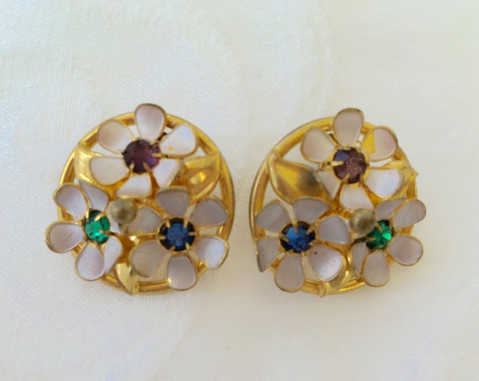 Vintage Czech Brooch Set, Czech Pin with Screw Back Earrings, Rhinestone and Enamel, Czech Glass Jewelry