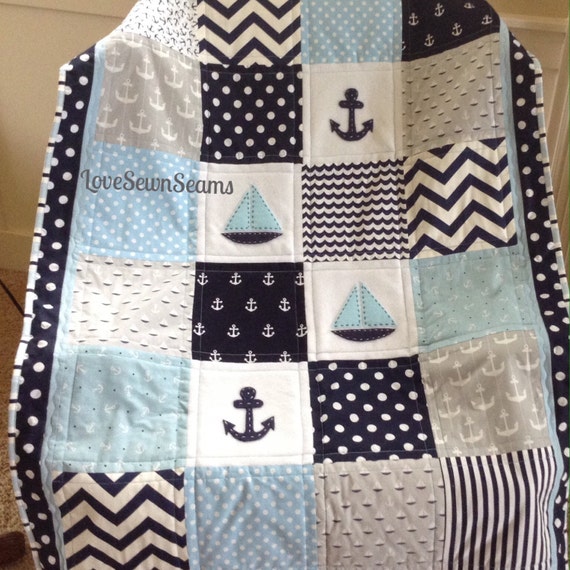 Nautical Sailing Crib Size quilt in blue navy gray
