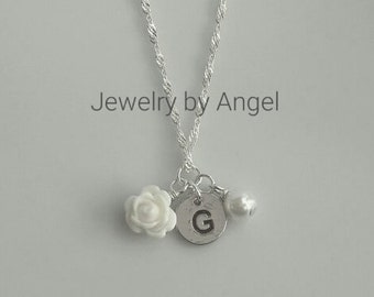 Flower Girl Necklace Rose Flower Pearl Hand Stamp Letter Charm Necklace Wedding Jewelry Flower Girl Jewelry