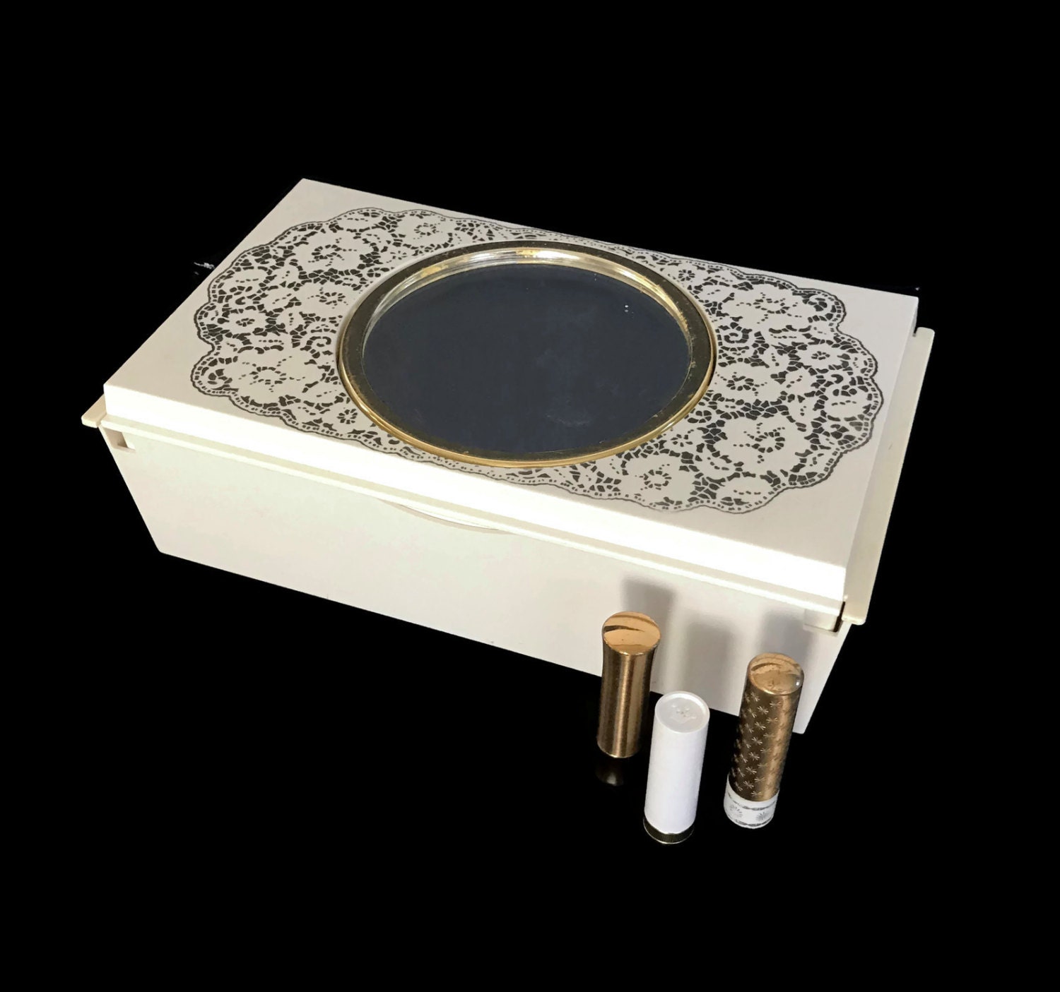 Vintage Jewelry Box White Plastic with Two Sided Swivel Mirror