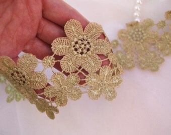metallic gold lace trim, gold lace with retro flowers, golden guipure lace trim by the yard