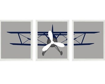 Airplane Nursery Art, Biplane Wall Art, Baby Boy Room, Navy Blue and Gray Decor, Plane Nursery, Toddler Boy Room, Flying Art, Boy Art, Gift