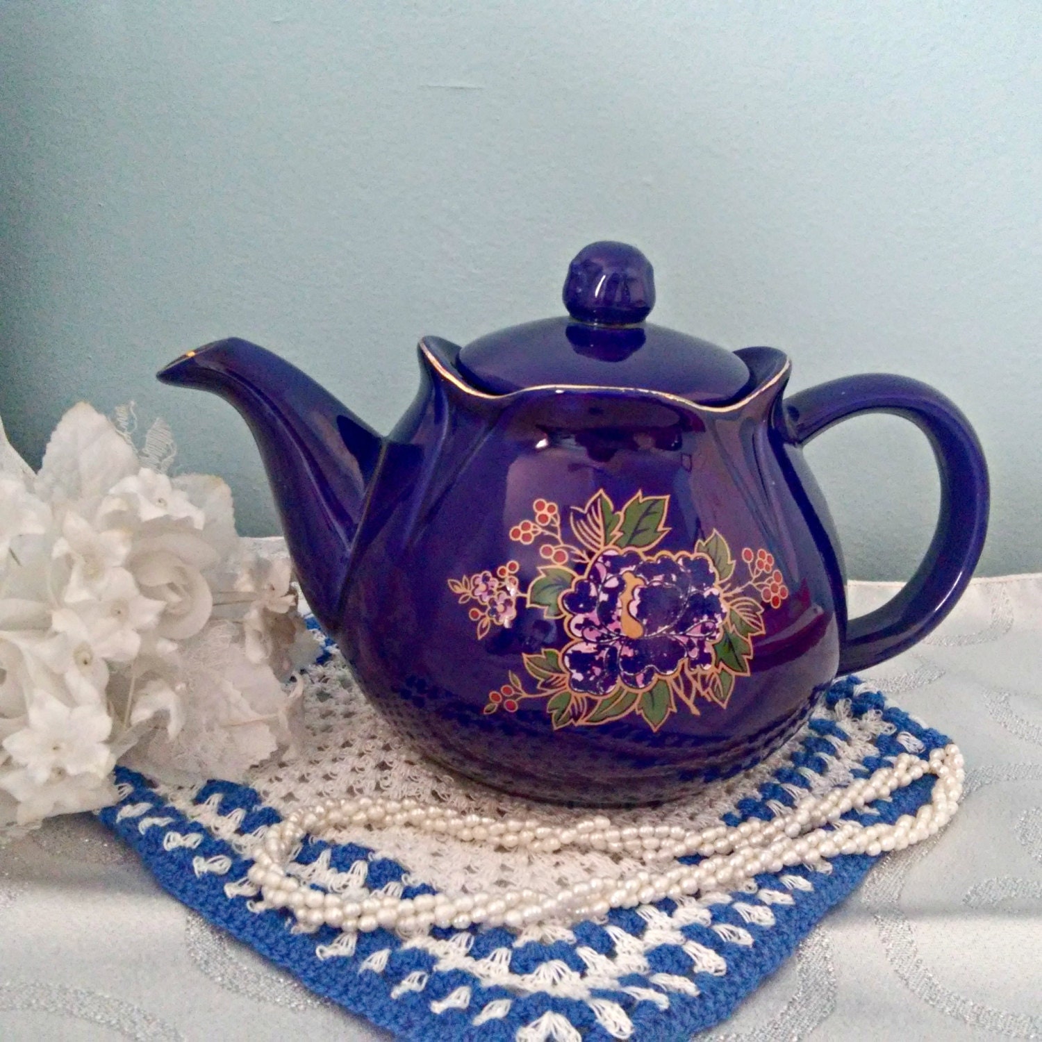 Vintage Cobalt Blue with Flowers Teapot with by LostTreasurebyLynn