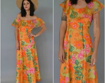 SALE - 1970s off the shoulder chiffon maxi dress
