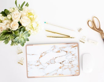 Marble Bianco Sivec Gold veins and Rose Gold Edge Detailing Hybrid Hard Case for Apple Mac Air & Mac Retina - Platinum Edition