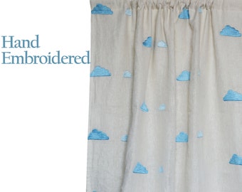 Ivory Linen Curtains -Curtains With Clouds Embroidery -Window Curtains -Linen Drapes -Kids Room Curtains Nursery Curtains Blue Clouds Drapes