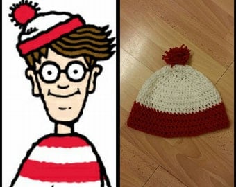 Where's waldo, INSPIRED, crocheted beanie, pom pom, gift (All sizes avaialble)