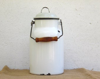 White Enameled Milk Can - Vintage Enamel Milk Can - Kitchenalia - Enamelware - Home Decor
