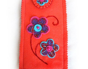 Eyeglasses Case, Orange Felt Spectacle Case with Purple Paisley Fabric Flowers, Reading Glasses or Sunglasses Pouch, Personalized Gift Idea