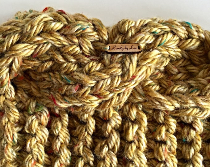 SALE! Golden Honey with Colorful Flecks Chunky Cable Knit Cowl Scarf, Mustard Yellow Neck Warmer with Multicolor Speckles