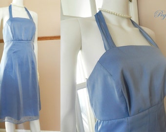 60's Blue Chiffon Satin Dress, Prom Dress, Ribbon Straps Halter Dress / Gown, Sleeveless Bridesmaid Size S Dress