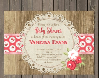 Rose Baby Shower Invitation, Rustic Wood and Lace Doily Baby Shower Invitation, Printable or Printed