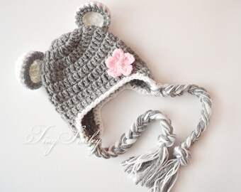 Newborn Bear Hat, Gray Bear Hat, Baby Hat with Ears, Earflap Bear Hat, Alpaca Bear Hat, Soft Bear Hat, Crochet Bear Outfits, Animal Baby Hat