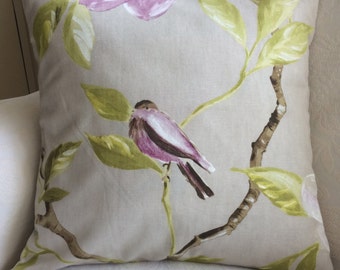 Bird pillow cover, bird cushion cover, shabby chic country style, lilac, purple, mauve, tree, ivory, green leaves