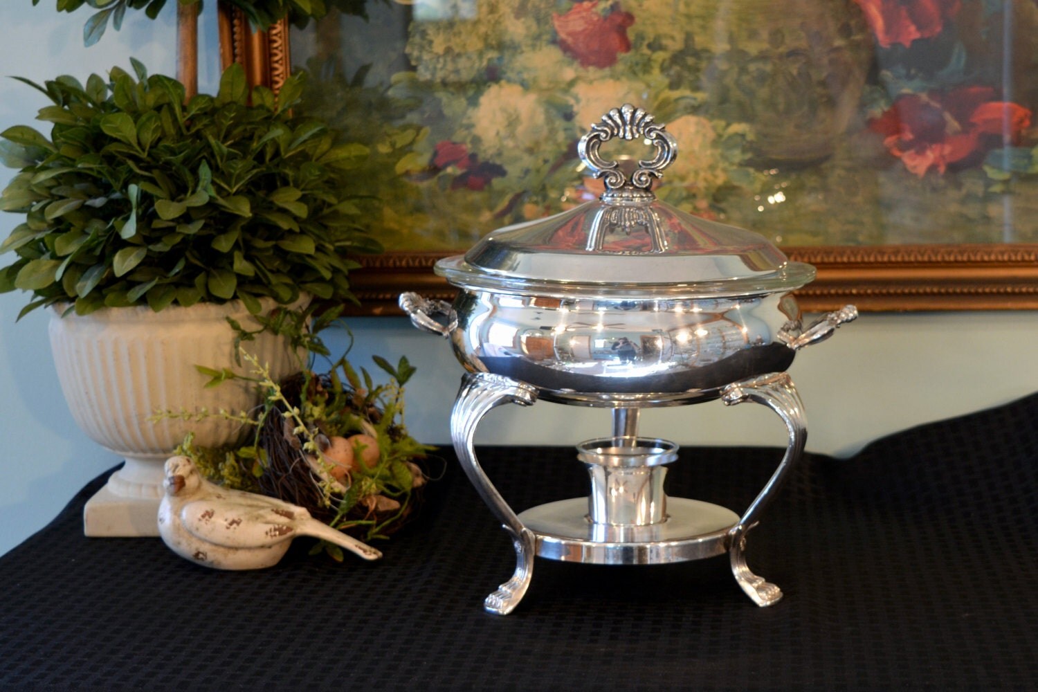 FB Rogers Silver Chafing Dish Chafing Stand with Glass Baking Dish