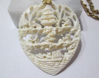 Beautiful Heart Shape Carved Oriental Chinese Ox Bone Scene Pagoda Ship Trees Water Village