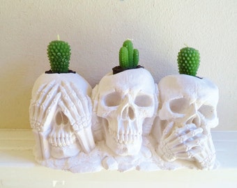 Skull candle holder, hear no evil, see no evil, speak no evil