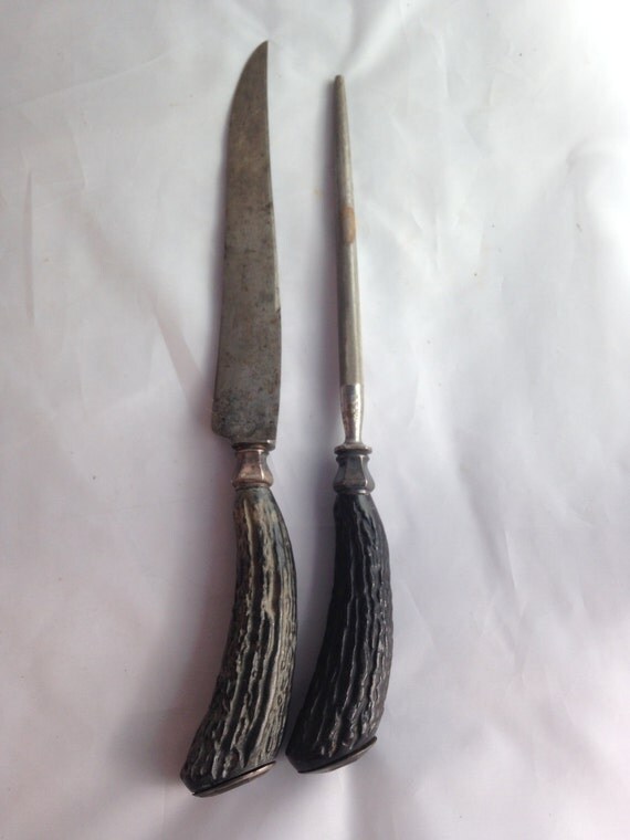 Vintage Carving Knife Sharpening Steel Lees Faux Antler Black