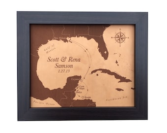 Leather anniversary for him, 3rd anniversary gift, leather map, Gulf of Mexico, Cruise Itinerary map, 3 years together gift for her