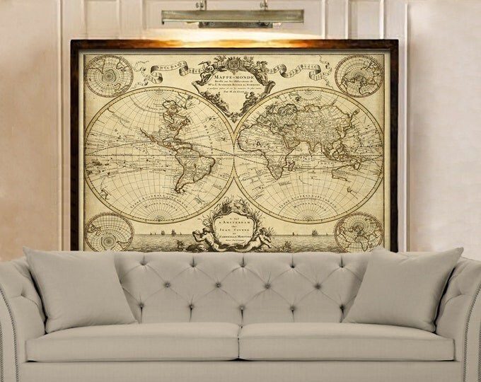World Map L'Isle's 1720 Old Historic Map Antique Restoration Hardware Style World Map Guillaume de L'Isle mappe monde Wall Map Home Decor