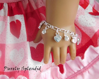 Heart Charm Bracelet for 18 inch girl dolls, American made accessory, sweet Valentine arm candy, dainty holiday jewelry, Birthday Party Gift