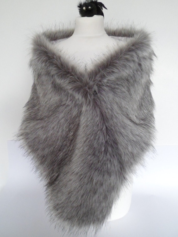 silver fur stole gray fur shawl grey faux fur fake fur