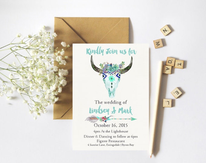Tribal Boho Floral Bull Head Wedding Suite -Mint and Navy PRINTABLE Invitation // RSVP // Info Card // Full suite or separate purchase