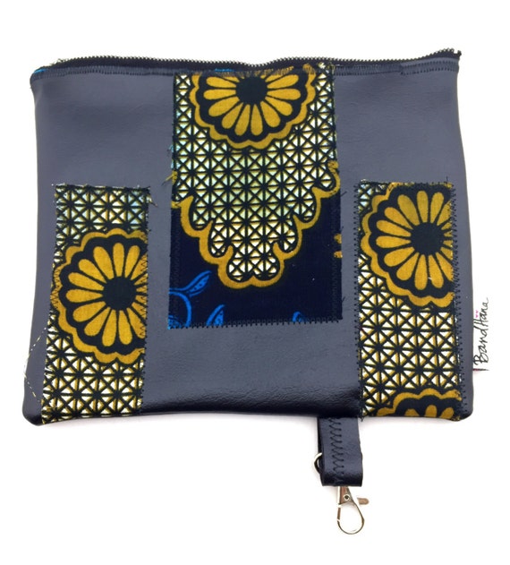 Black Faux Leather Fanny Pack/Utility Belt or Clutch w/ African Print Textile Appliqué by BandHäna
