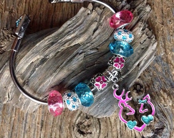 Browning deer heart pink and teal charm bracelet: buck and doe heart pink and blue bracelet Valentines for hunter I love you deer