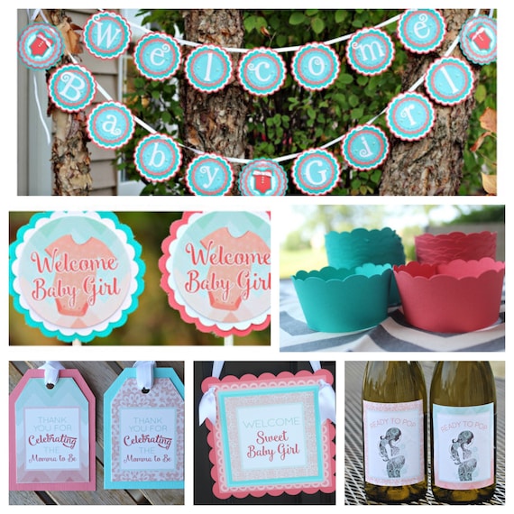 Baby Shower Party Decorations. Coral and Aqua. Boutique 6