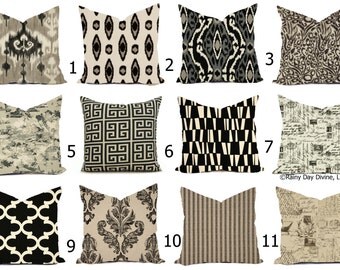 Pillow Cover Throw Accent Pillow - Black Cream Natural Modern Lattice Ikat - 16x16, 18x18