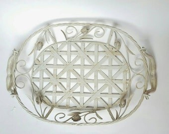 Vintage French Country Metal Basket Toleware Tole Wire Tray with Flowers Off White Cream Chippy Paint Home Decor Shabby Chic Cottage Epsteam