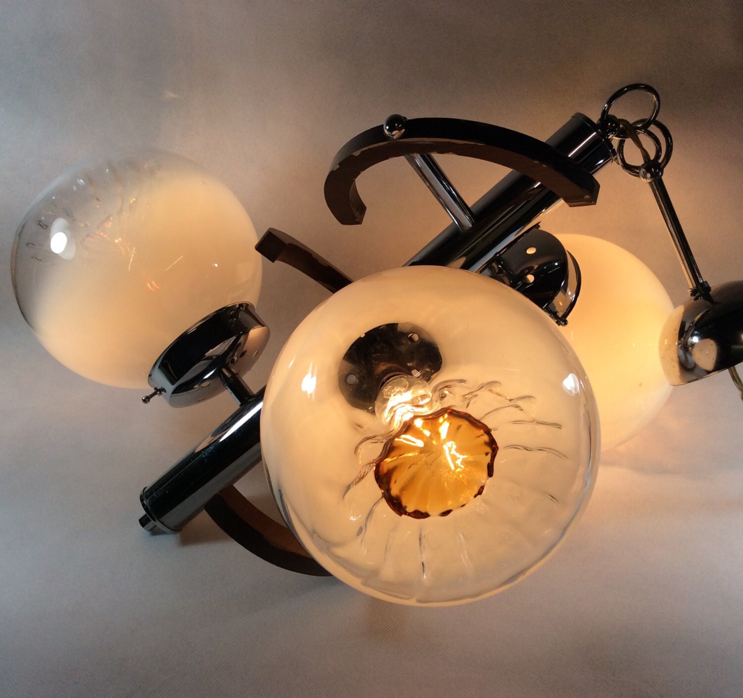 Atomic Light Vintage Chandelier Light Ing Pendant Mazzega Murano 3 Arm Mid Century Sixties Chrome And Wood Amber Glass Shades Atomic Space Age 2000