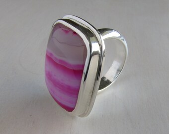 Pink Striped Agate Ring - Pink Stone Ring - Chunky Gemstone Ring - Pink Statement Ring - Big Agate Ring - Pink Ring - Rectangular Stone Ring