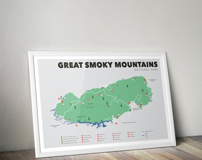 Great Smoky Mountains National Park Map, Great Smoky Mountains, Outdoors print, Explorer Wall Print