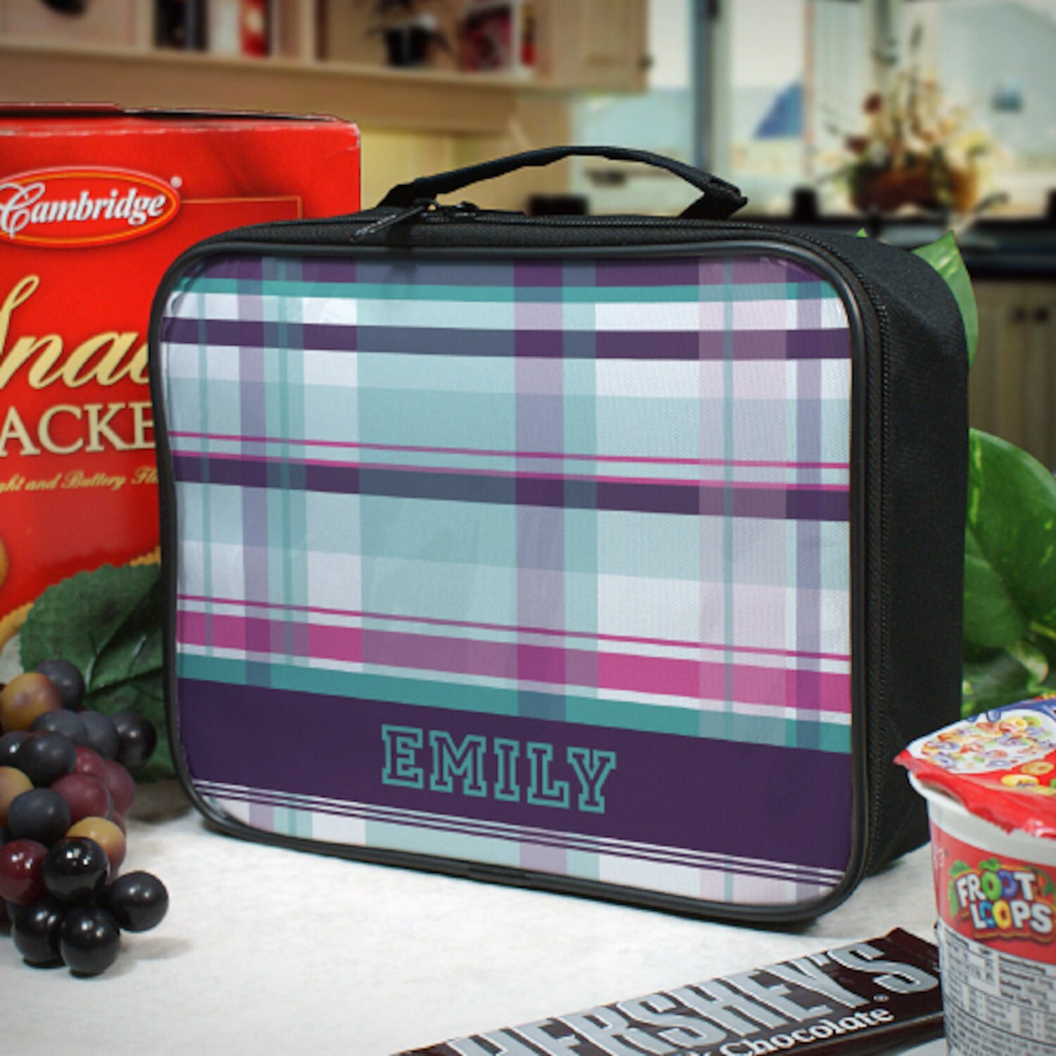 Personalized Purple Plaid Lunch Tote by GiftsHappenHere on Etsy
