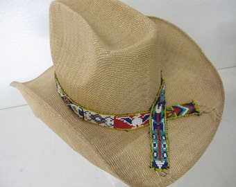 Straw Cowboy Hat Beaded Native American Headband Cowboy Hat Summer Cowboy Rockabilly Hat