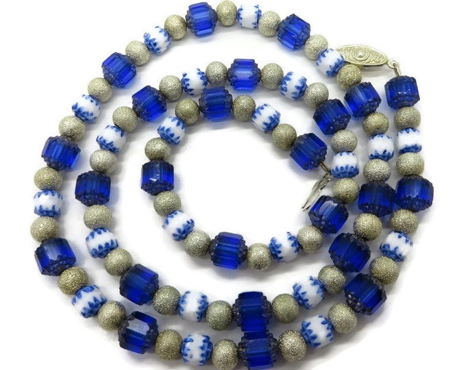Blue, White and Cream Bead Necklace, Vintage Frosted and Grovved Glass Bead Necklace