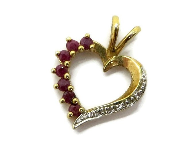 Ruby and Diamond Heart Pendant, Vintage Gold Plated Silver with Gold Plated Cobra Chain
