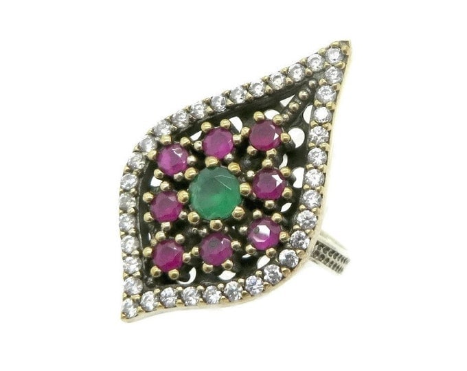 Vintage Ruby, Emerald and CZ Ring, Two Tone Sterling Silver Statement Ring, Size 7