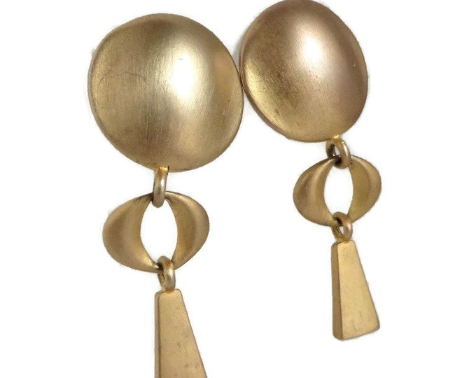 Matte Gold Tone Button Earrings, Vintage MOD Dangling Clip-on Earrings