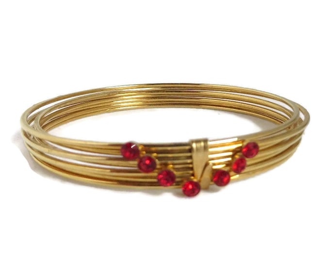 Vintage Red Rhinestone Gold Tone Bracelet, Multistrand Skinny Bangle Bracelet
