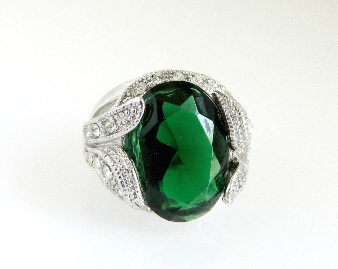 Gold Filled - Faux Emerald Statement Ring, Vintage 10KT White Gold Filled Ring, Size 8, Perfect Gift, Gift Box