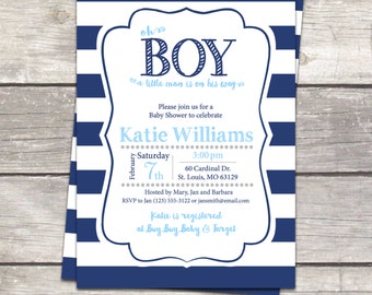 striped baby boy shower invitation, mustache, navy stripes and chalkboard, custom colors printable